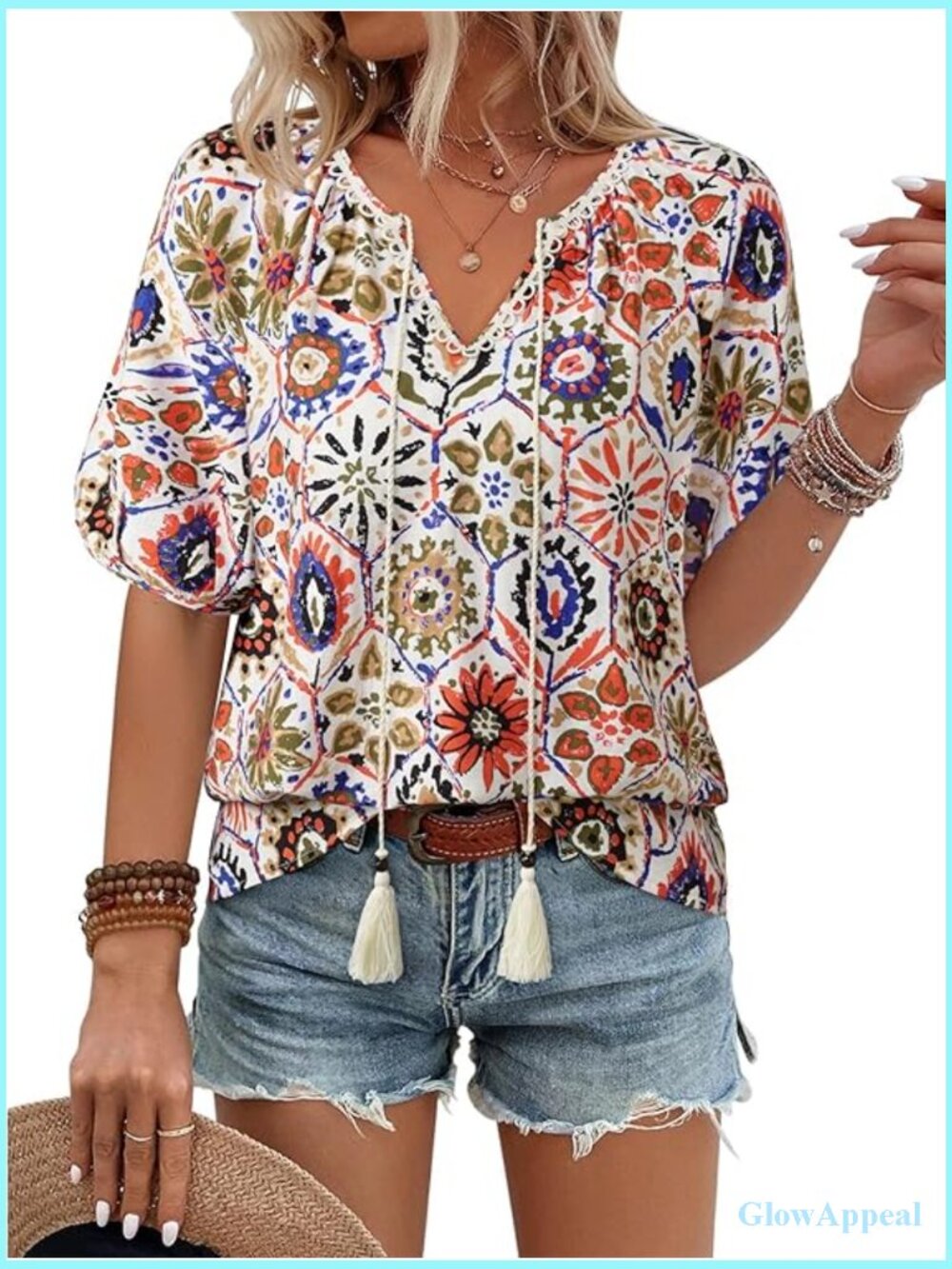 Boho Floral Blouse with Tie Front, Lantern Sleeves, Loose Fit, V-Neck, Flowy Hem